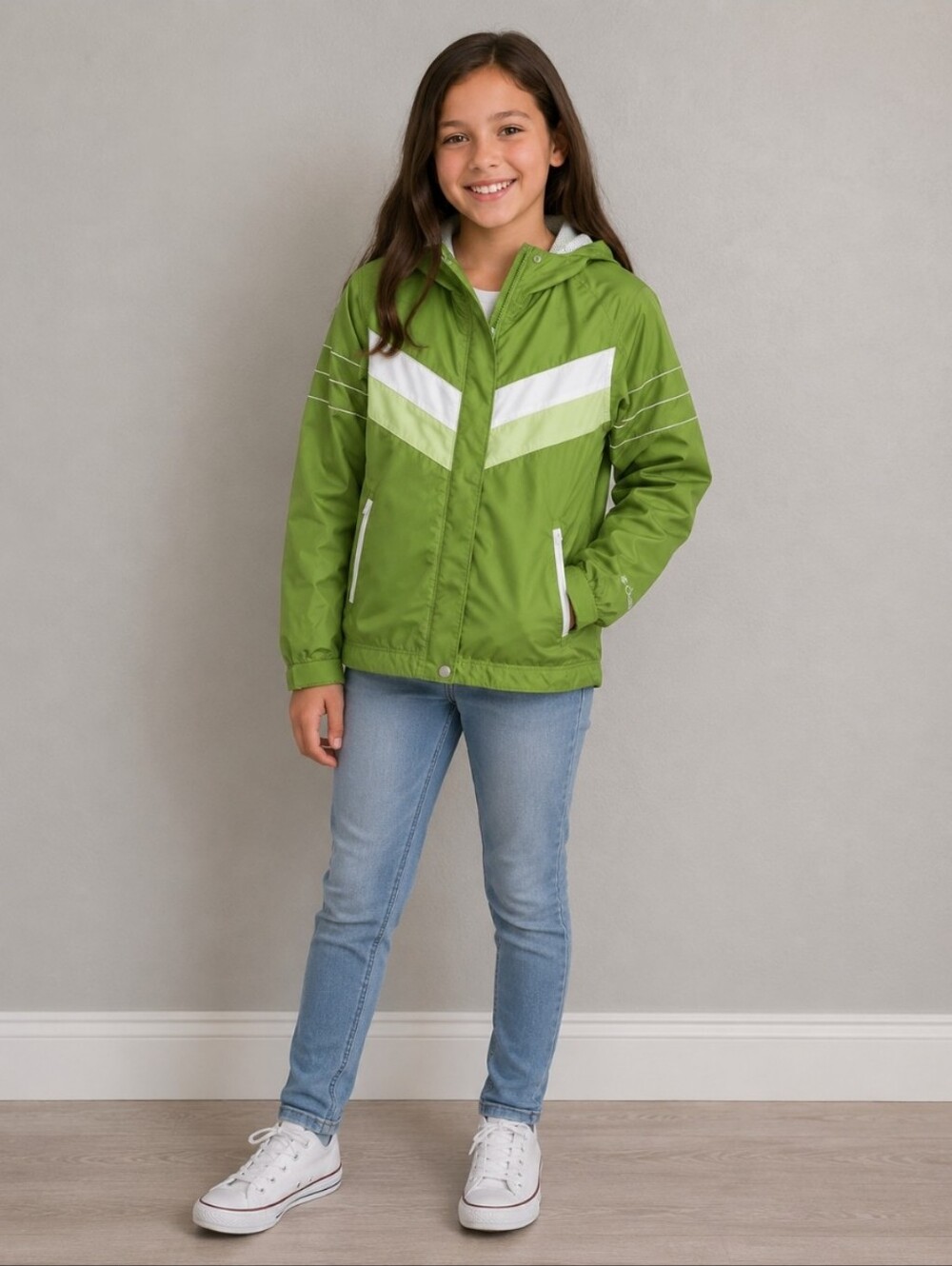 Columbia girls windbreaker green white hood. 10-12